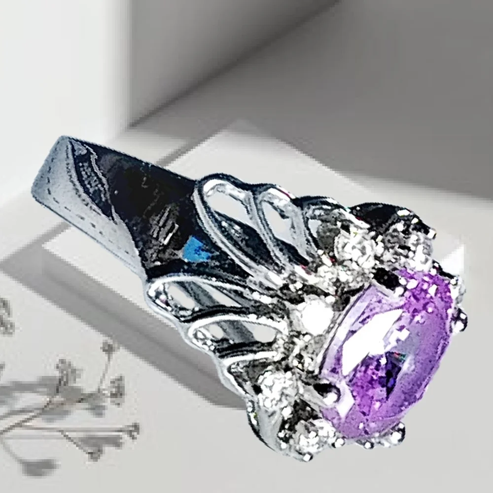 .🎄10/$20. Silver Plated Fashion Ring with a Purple CZ Stone & 8 CZ Sto… - Picture 3 of 5